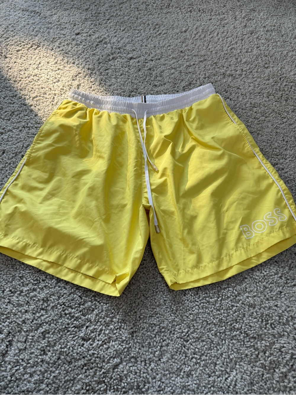BOSS Yellow Men's Swim Trunks with White Waistband